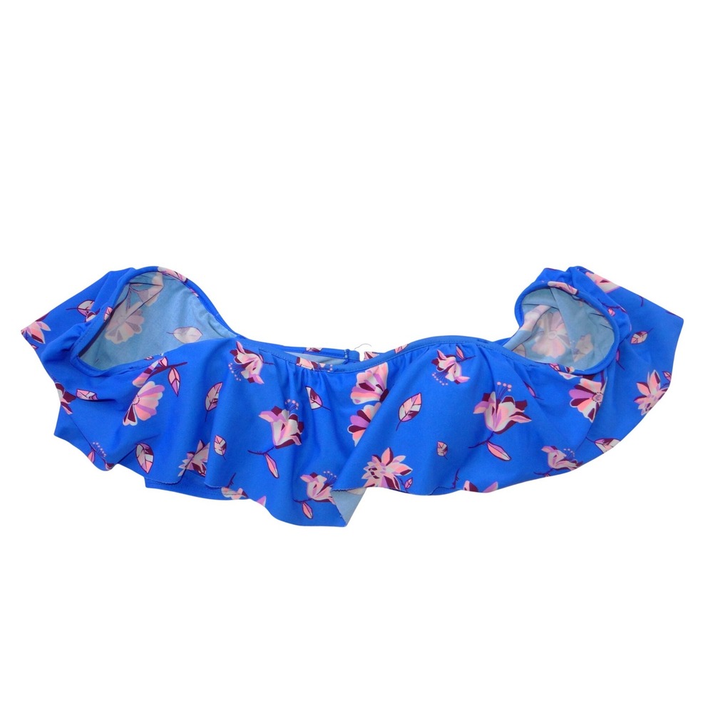 Womens Blue‎ Floral Ruffle Off the Shoulder Underwire Bikini Top Large
